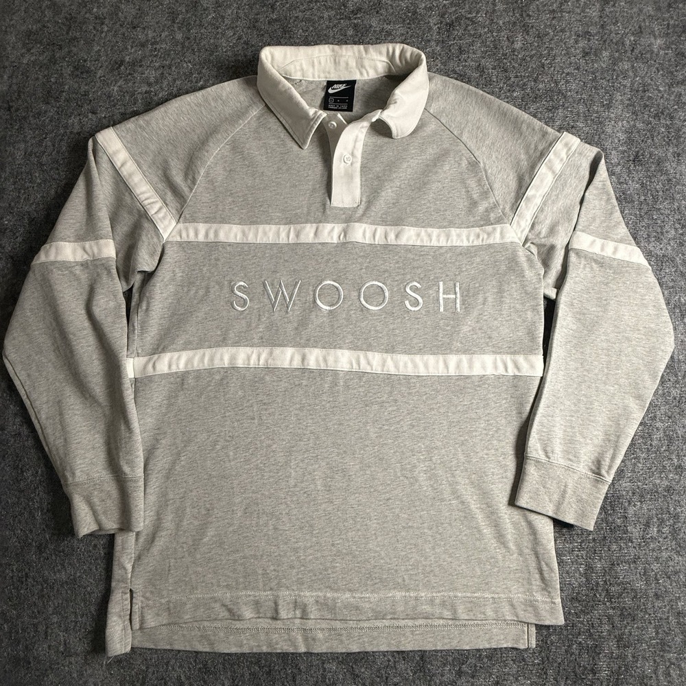 Nike Swoosh Rugby Shirt Mens XL Gray White Stripe Long Sleeve Heavy Cotton Polo